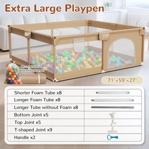 Vista 2 de Corralito grande para bebés de 71 x 59 pulgadas, corralito para bebés y niños pequeños con 50 bolas oceánicas y 2 asas, área de juego resistente