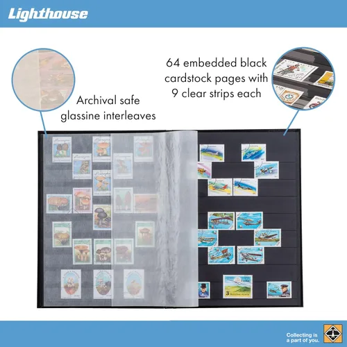 Vista 3 de LIGHTHOUSE - Libro de libros de tapa dura "BASIC" para sellos, 64 páginas de cartulina negra A4 con tiras transparentes y bisagras de lino dobles