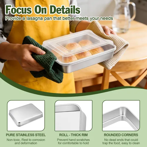 Vista 4 de TeamFar Molde rectangular para tartas con tapa, 9.3 x 7 pulgadas, de acero inoxidable, para hornear lasaña, no tóxico y lado profundo, apto