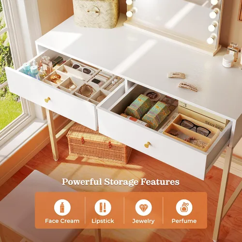 Vista 3 de SUPERJARE Escritorio de tocador, tocador de maquillaje con espejo iluminado, escritorio blanco con cajones, escritorio de maquillaje de 35.4