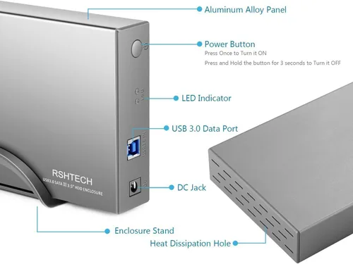 Vista 5 de Carcasa para disco duro RSHTECH USB 3.0 a SATA de aluminio para disco duro externo de 3.5 pulgadas HDD SSD hasta 16TB, soporte UASP (RSH-339)