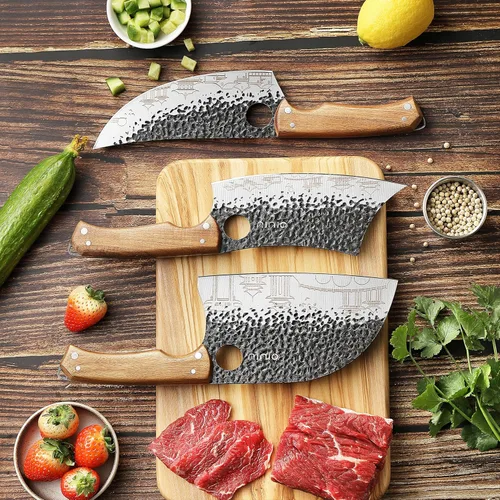 Vista 7 de OLULU Juego de 3 cuchillos de carnicero, cuchillo de carnicero de 7 pulgadas, cuchillo de chef serbio de 7 pulgadas y cuchillo vikingo de 6.5