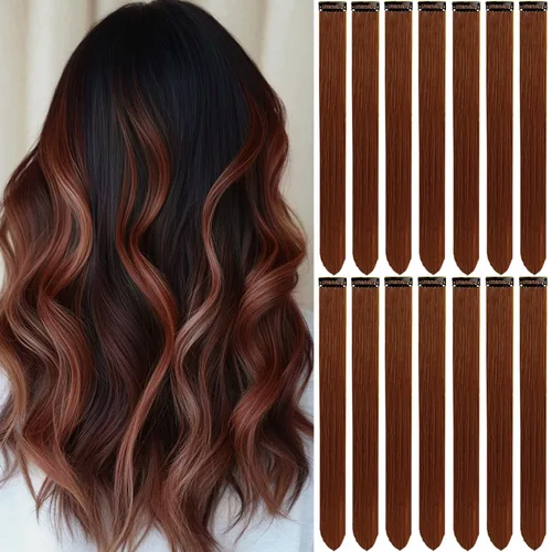 Vista 22 de 20 extensiones de cabello de colores, coloridas extensiones de cabello sintético con clip, extensiones de cabello sintético largo y lacio