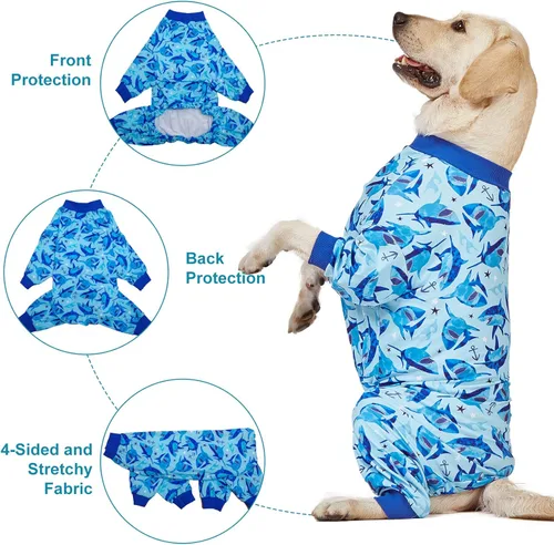Vista 4 de LovinPet Ropa Pit Bull: pijamas para perros grandes, mameluco ligero, estampado de acción de tiburón marino, ropa para perro, protección UV