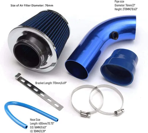 Vista 3 de Kit de admisión de aire frío universal de 3 pulgadas, kit de manguera de flujo de inducción de aluminio con filtro de aire (azul)