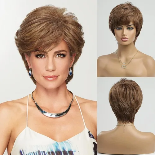 Vista 7 de HAIRCUBE Pelucas rubias de corte Pixie para mujer, estilo ondulado natural, peluca de encaje sintético resistente al calor con parte superior