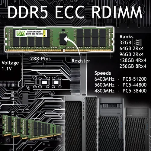 Vista 2 de NEMIX RAM Memoria de servidor registrada DDR5 5600MHZ PC5-44800 1Rx8 1.1V CL46 288-PIN ECC RDIMM de 16 GB (1 x 16 GB)