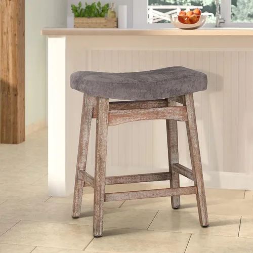 Vista 25 de Taburete de bar de madera maciza para encimera de cocina, taburete de bar con asiento de silla de montar de tela, taburete tapizado para isla de 34