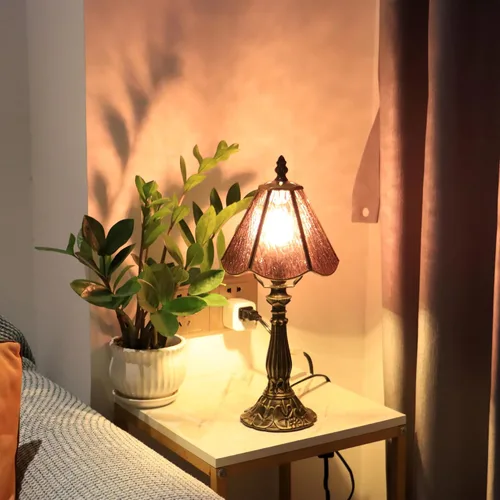 Small Tiffany Table Lamp Purple Rippled Stained Glass Desk Lamps 6X6X14 Inch Bronze Resin Base Antique Mini Accent Light