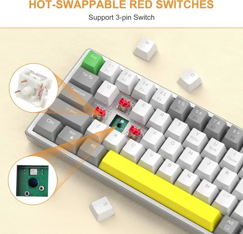 Vista 4 de MageGee SKY68 - Teclado mecánico para juegos, 68 teclas intercambiables en caliente, compacto con retroiluminación LED azul, teclado ergonómico