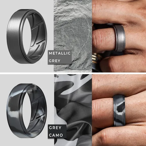 Vista 4 de ThunderFit - Anillos de boda y compromiso de silicón transpirable para hombre con ranuras internas de ventilación, diseño elegante de borde