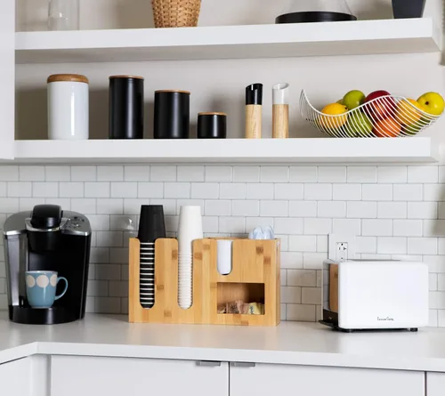 Vista 3 de Mind Reader Estación de tazas y condimentos, organizador de encimera, barra de café, rayón de bambú, 16.42 pulgadas de largo x 4.17 pulgadas