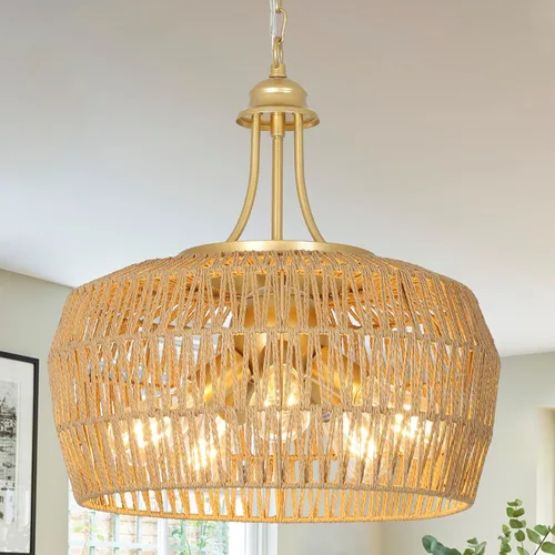 Vista 14 de HMVPL Lámpara de araña de granja para comedor, 3 luces, estilo bohemio, de ratán, lámpara colgante de techo con pantalla tejida, pequeña lámpara