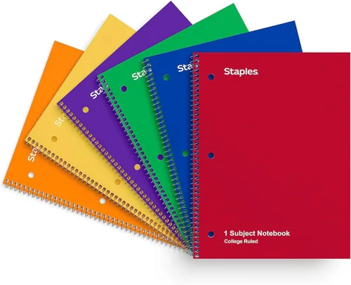 STAPLES Cuaderno de espiral de 1 materia, 8 x 10.5 pulgadas, rayado universitario, 70 hojas, colores surtidos, paquete de 6