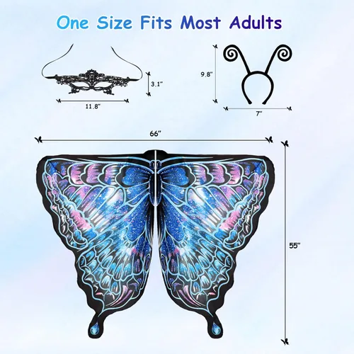 Vista 7 de Tibeha Disfraz de alas de mariposa para niñas, capa de Halloween con máscara, diadema de antena, clips para la cabeza