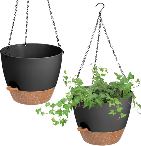 Vanslogreen Macetas colgantes para plantas de interior y exterior, paquete de 2 macetas colgantes de riego automático con agujeros de drenaje y Negro