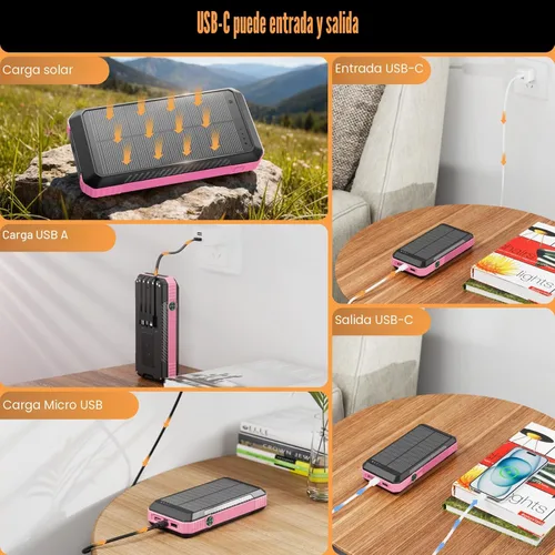 Vista 5 de Cargador portátil inalámbrico de 33800 mAh con 4 cables integrados, batería de carga rápida con 7 salidas, 4 entradas, linterna LED de campamento