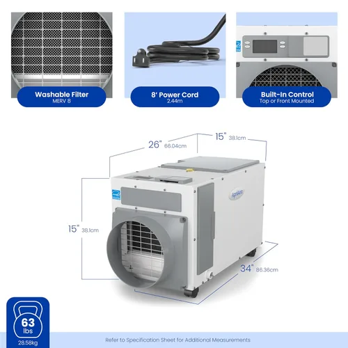 Vista 14 de AprilAire Deshumidificador E100C Pro de 100 pintas para toda la casa con ruedas, certificado Energy Star, deshumidificador de grado comercial