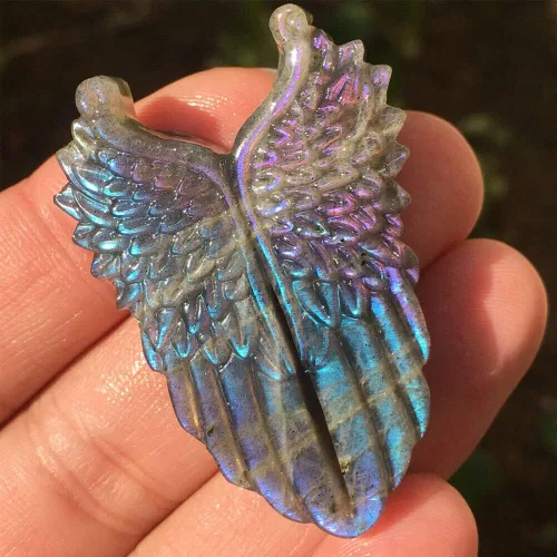 Vista 6 de TEAMWILL Natural púrpura labradorita cuarzo tallado a mano ala cristal Reiki curación 1PC