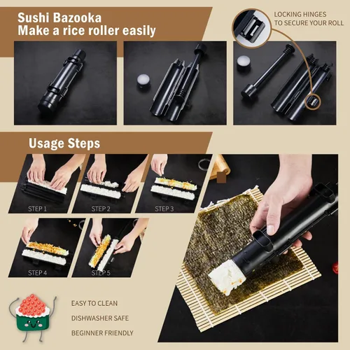 Vista 3 de Juego Deluxe de Fabricación de Sushi 25-en-1 con Bazooka, Rodillo, Estera de Bambú, Cuchillo, Bandeja para Salsa, Plato Japonés de Sashimi de Bambú