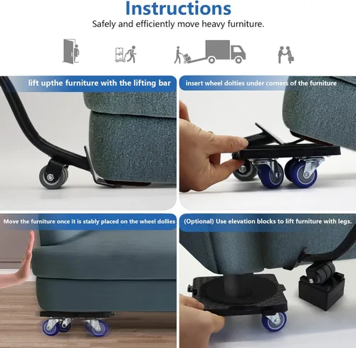 Vista 5 de Macoda Juego de carrito de muebles de alta resistencia con 4 ruedas de goma, capacidad de 880 libras, estilo multi-carrito, material ABS y acero