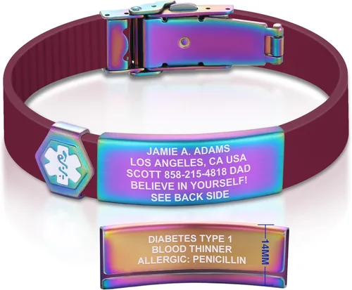 Vista 12 de Divoti Pulsera de identificación de alerta médica grabada personalizada, grabado láser de doble cara (hasta 9 líneas), pulsera de silicona ajustable