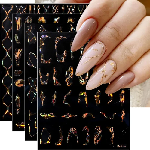 JMEOWIO 9 hojas de calcomanías de arte de uñas de línea de mármol, autoadhesivas, suministros de uñas doradas, accesorios de decoración de diseño de