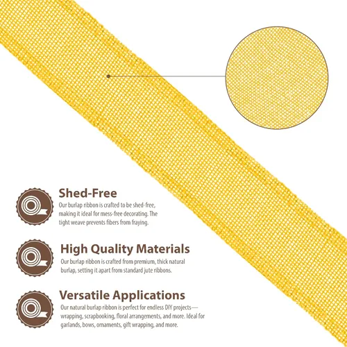 Vista 3 de Mandala Crafts Cinta de arpillera amarilla con alambre para corona, cinta de arpillera amarilla de yute natural rústico de 2 pulgadas de ancho, 10