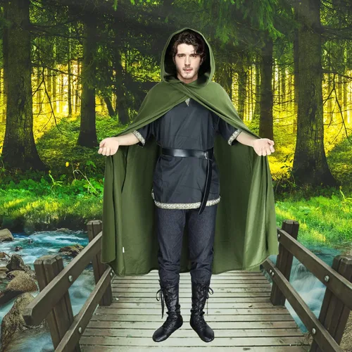 Vista 4 de Capa renacentista con capucha, capa vintage, capa medieval con capucha, capa medieval para Halloween