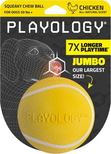 Vista 23 de Juguetes Playology para perros Bola chirriante para masticar - Bola de búsqueda flotante duradera y elástica para perros Juguete mediano