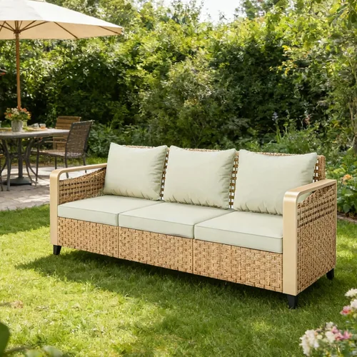 Sofá de mimbre de gran tamaño para exteriores de 3 asientos con cojines extraíbles, sofá de patio resistente a la intemperie, muebles de ratán para