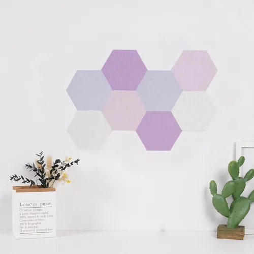 Vista 3 de LAJAR 8 piezas de azulejos de tablero de anuncios de fieltro hexagonal, azulejos de pared de tablero de pines autoadhesivos de fieltro para fotos
