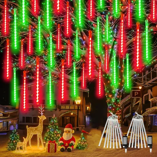 Vista 12 de SANJICHA Paquete de 2 luces de Navidad extensibles de lluvia de meteoritos al aire libre, 16 tubos 384 LED enchufables para decoración de Navidad