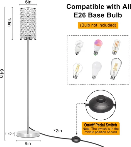 Vista 2 de Lámpara de pie de cristal, lámpara de pie moderna con elegante pantalla, lámpara de pie LED con interruptor de pie de encendido/apagado, lámpara
