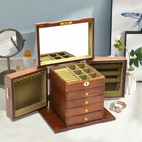 Jewelry Box with Key Lock, 5-Layer Large Organizer Box with Mirror and 2 swing-out cabinets and 4 Drawers, Soft Velvet Lining, for Rings Earrings