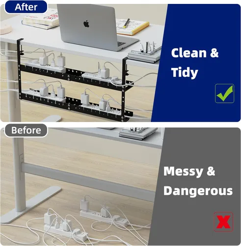 Vista 3 de 31Inch Extendable Under Desk Cable Management Tray, Metal Cable Management Tray Under Desk Cord Management with Clamp, Extendable Power Strip Cord