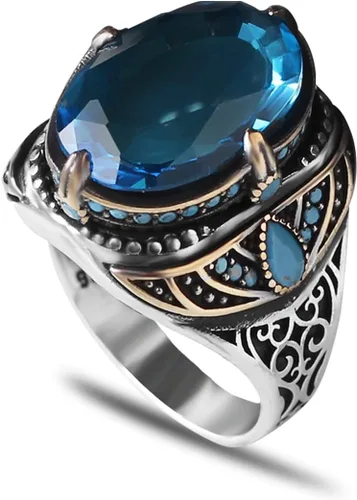 BayVog 925 Sterling Silver Blue Topaz Gemstone Men's Silver Ring, Handmade Engraved Man Silver Ring gifts for men handmade rings valentines day