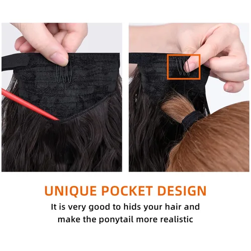 Vista 5 de Extensión de cola de caballo con clip, extensiones de colas de caballo negras, onduladas, de 18 pulgadas, 2.8 onzas, extensión de cabello sintético