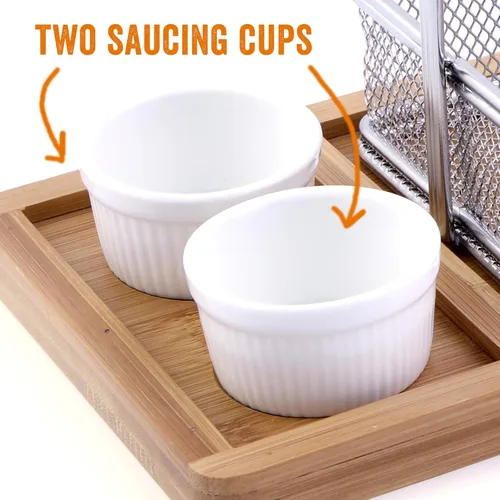 Vista 7 de Yukon Glory Cesta de servir Chip & Dip Juego de mesa de bambú y taza de salsa, perfecto para papas fritas, Fish 'N Chips, aperitivos, cervecerías