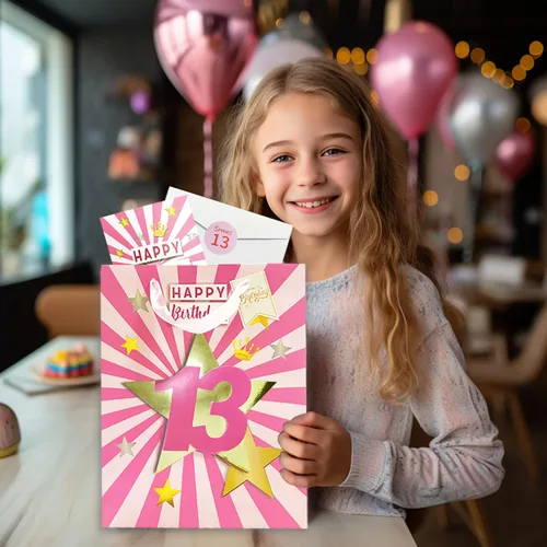 Vista 5 de Bolsa de regalo de cumpleaños número 13 con papel de seda, bolsa de regalo rosa de 13 pulgadas con tarjeta para niña de 13 años