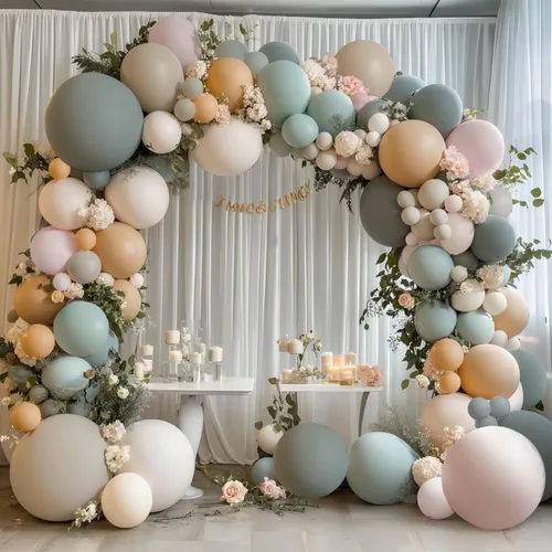 Vista 13 de Kit de arco de globos de color azul polvoriento, beige dorado, doble relleno, azul claro, perla, blanco, arena, cromado, dorado, para bodas