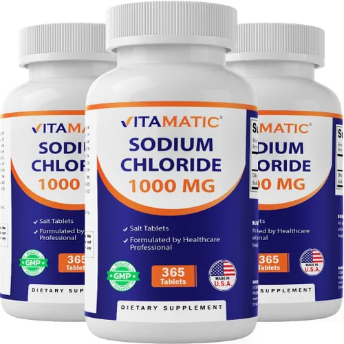 Vitamatic Cloruro de sodio 1000 mg - 365 tabletas de reabastecimiento de electrolitos y soporte de hidratación - Sin OMG, sin gluten, 3 botellas