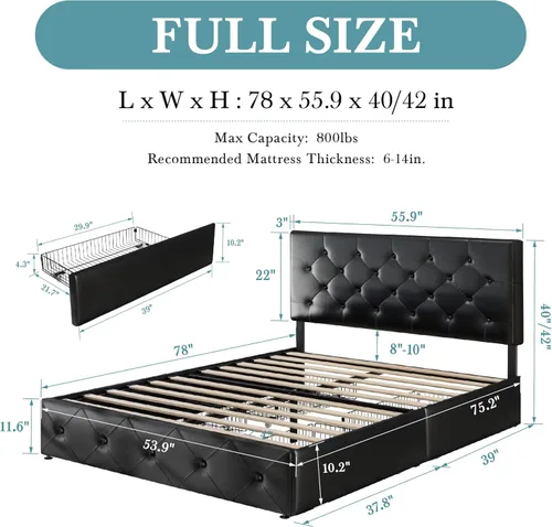 Vista 90 de HOOMIC Base de cama de almacenamiento de plataforma de tamaño matrimonial con 4 cajones y cabecera ajustable, listones de madera, no necesita