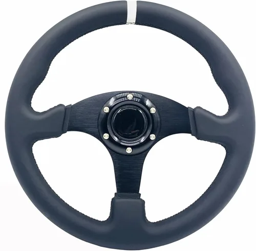 Volante de carreras de rayas blancas de 13 pulgadas/330mm de cuero genuino y marco de aluminio, volante de fondo plano de 6 pernos para Blanco