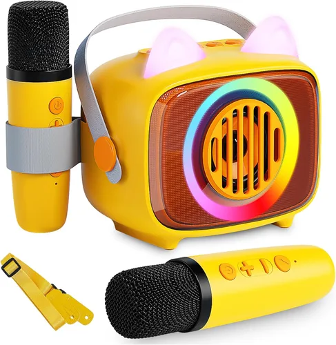 Vista 9 de Máquina de karaoke para niños con 2 micrófonos inalámbricos, altavoz portátil Bluetooth de karaoke con luces LED, regalo ideal para niñas, niños