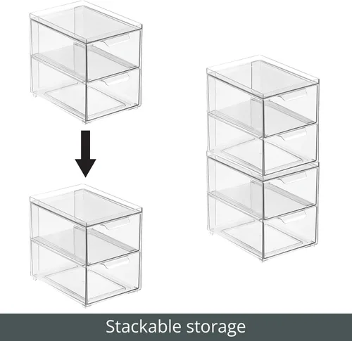 Vista 4 de mDesign - Cajas de almacenamiento apilables con 2 cajones extraíbles - Cajones de plástico apilables para baño principal o de invitados, armario