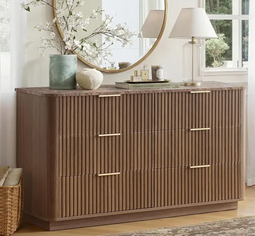 Vista 13 de win2win Juego de 2 cómodas y mesitas de noche acanaladas de 6 cajones y mesitas de noche modernas de mediados de siglo, cómoda de madera para Roble