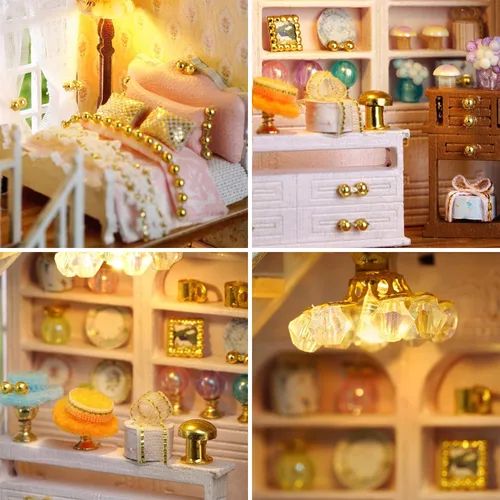 Vista 5 de Roroom Kit de casa de muñecas en miniatura y muebles, modelo de casa de muñecas de madera en 3D con LED, idea creativa de habitación para el día