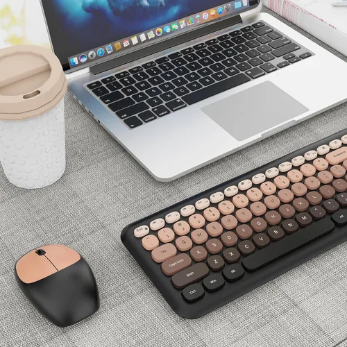 Vista 8 de HotFox Combo de teclado y ratón inalámbrico, teclado retro de tamaño completo tipo máquina de escribir con teclas redondas, diseño ergonómico