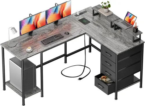 Vista 11 de Korfile - Escritorio para computadora en forma de L de 59 pulgadas con tomas de corriente, color negro